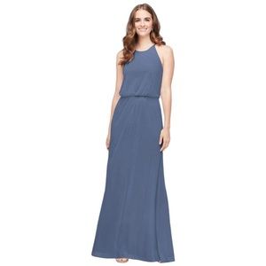 David’s Bridal Blouson High-Neck Mesh Bridesmaid Dress Size 2 Steel Blue